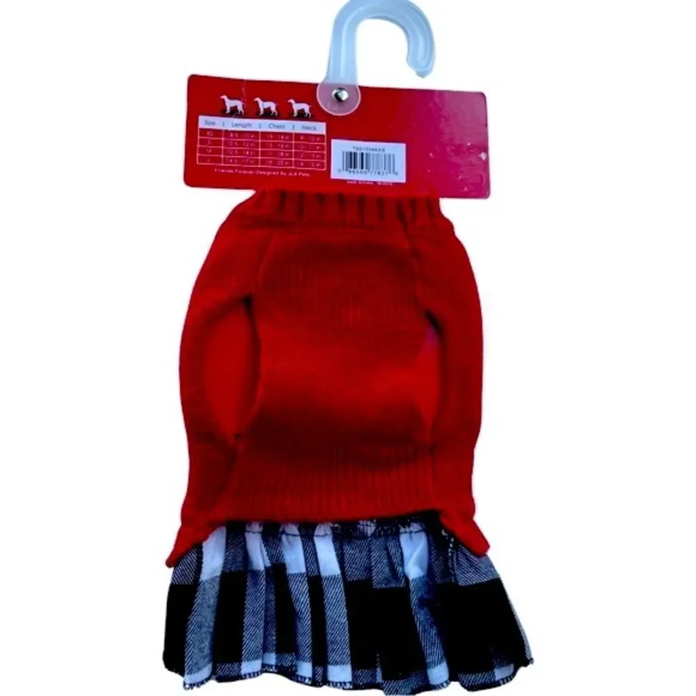 Friends Forever Sweater Plaid Skirted Winter Dog Outfit Red/Blk/White XS NWT
